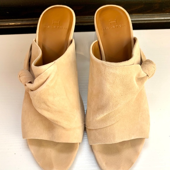 H HALSTON Nude Suede Mirrored Block Heel Slides - Picture 6 of 8